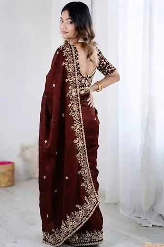 Maroon jimmy choo zari butti work embellished wedding wear saree