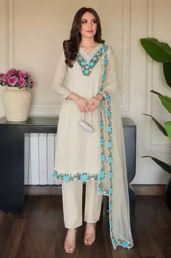 Cream organza embroidered kurta set