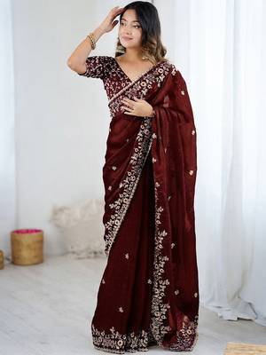 Maroon jimmy choo zari butti work embellished wedding wear saree 5