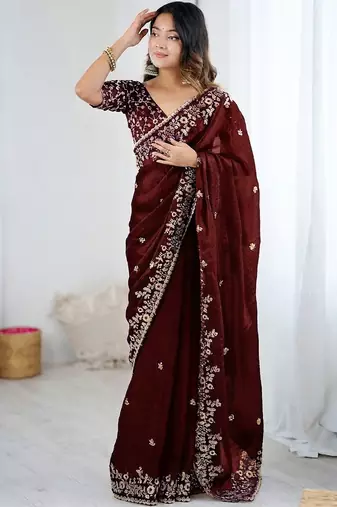Maroon jimmy choo zari butti work embellished wedding wear saree