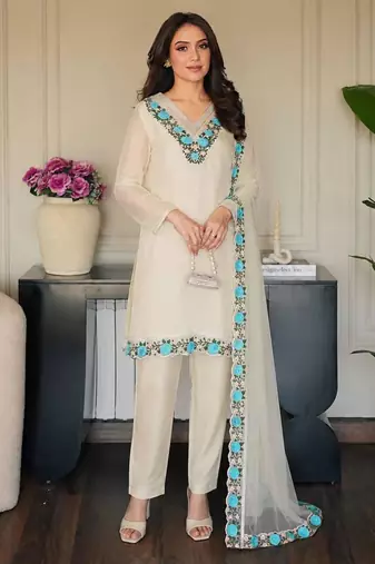 Cream organza embroidered kurta set