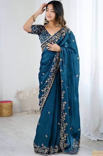 Blue jimmy choo zari butti work embellished wedding wear saree