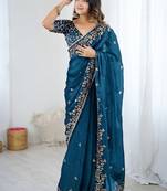 Blue jimmy choo zari butti work embellished wedding wear saree