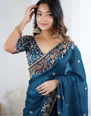 Blue jimmy choo zari butti work embellished wedding wear saree 2