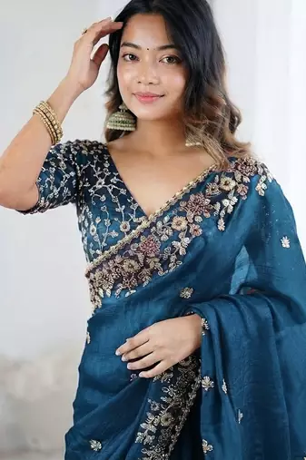 Blue jimmy choo zari butti work embellished wedding wear saree