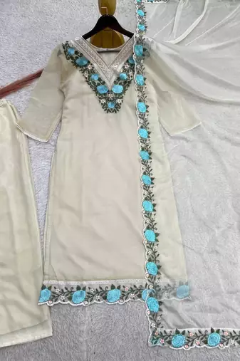 Cream organza embroidered kurta set