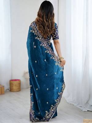 Blue jimmy choo zari butti work embellished wedding wear saree 4
