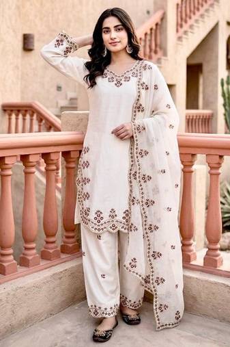 White silk blend embroidered palazzo set
