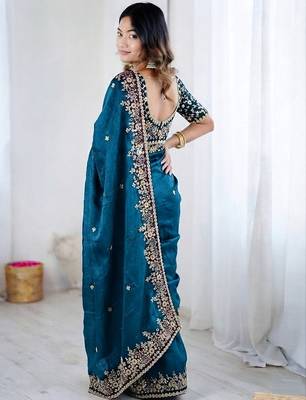 Blue jimmy choo zari butti work embellished wedding wear saree 5