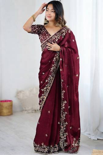 Wine jimmy choo zari butti work embellished wedding wear saree
