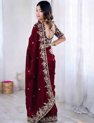 Wine jimmy choo zari butti work embellished wedding wear saree 2