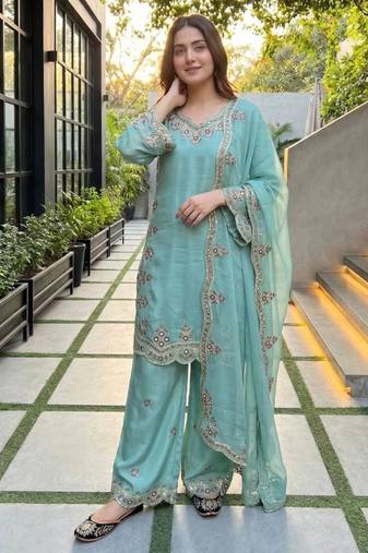 Light-green silk blend embroidered palazzo set