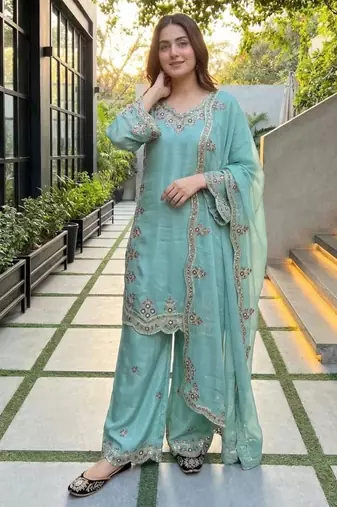 Light-green silk blend embroidered palazzo set