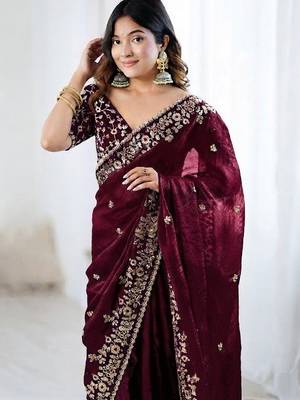 Wine jimmy choo zari butti work embellished wedding wear saree 3