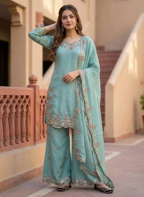 Light-green silk blend embroidered palazzo set 2