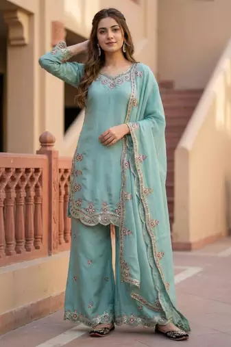 Light-green silk blend embroidered palazzo set