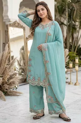 Light-green silk blend embroidered palazzo set