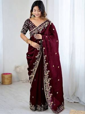 Wine jimmy choo zari butti work embellished wedding wear saree 4