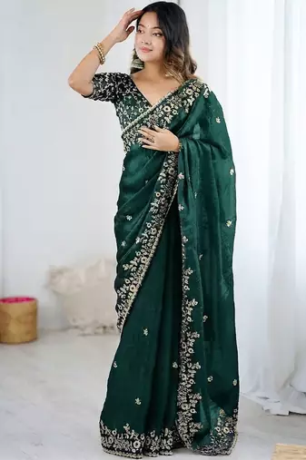 Green jimmy choo zari butti work embellished wedding wear saree