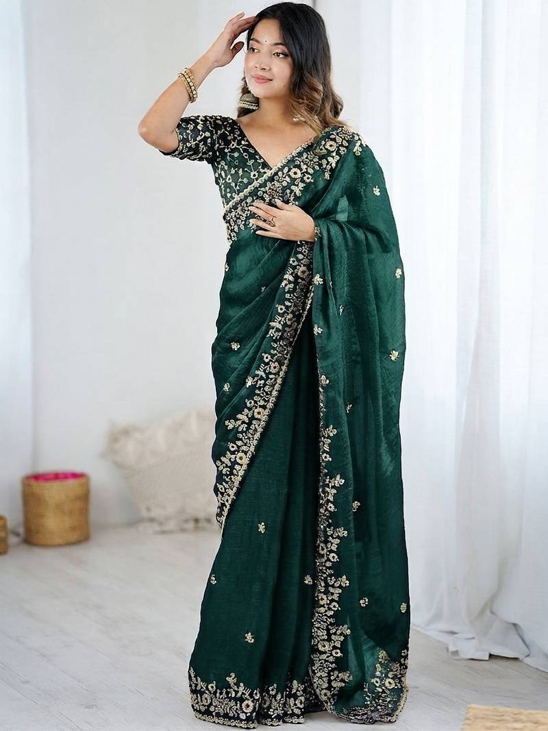 Green jimmy choo zari butti work embellished wedding wear saree
