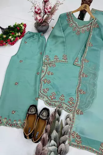 Light-green silk blend embroidered palazzo set