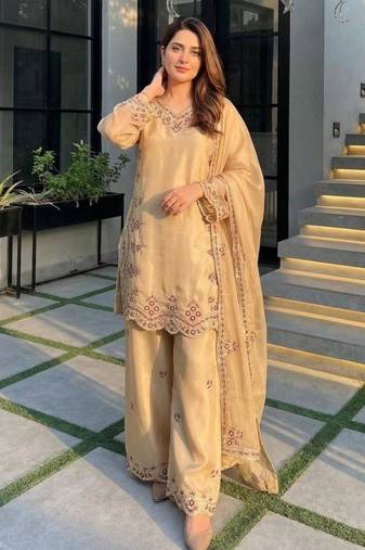 Beige silk blend embroidered palazzo set