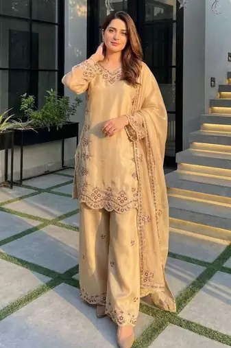 Beige silk blend embroidered palazzo set
