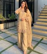 Beige silk blend embroidered palazzo set