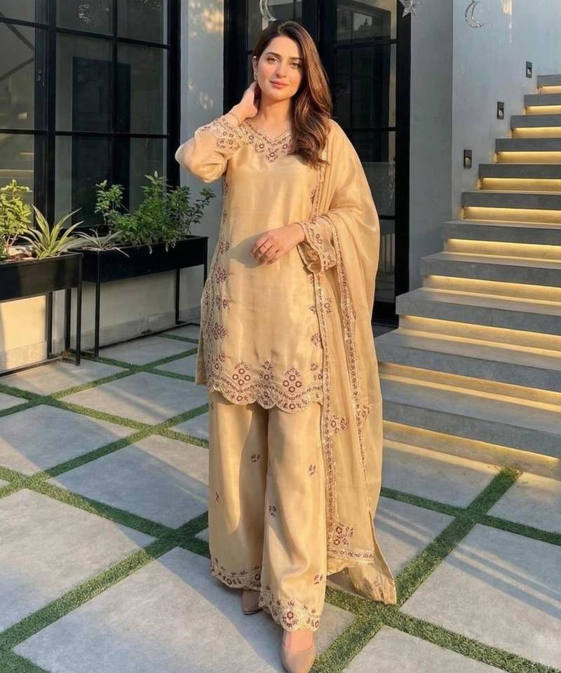 Beige silk blend embroidered palazzo set