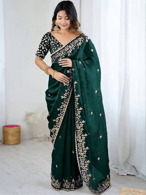 Green jimmy choo zari butti work embellished wedding wear saree 2