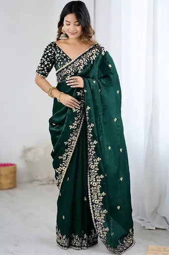 Green jimmy choo zari butti work embellished wedding wear saree