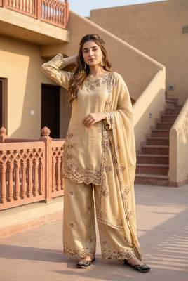 Beige silk blend embroidered palazzo set 2