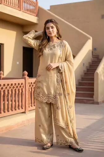 Beige silk blend embroidered palazzo set