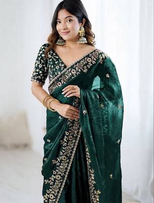 Green jimmy choo zari butti work embellished wedding wear saree 4