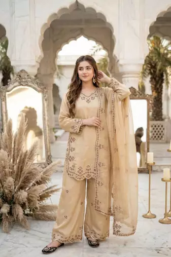 Beige silk blend embroidered palazzo set