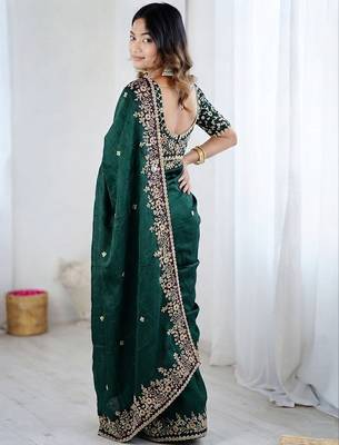Green jimmy choo zari butti work embellished wedding wear saree 5