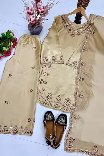 Beige silk blend embroidered palazzo set