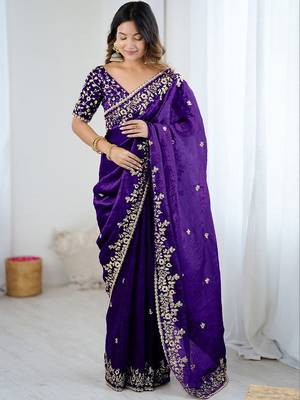 Purple jimmy choo zari butti work embellished wedding wear saree 1