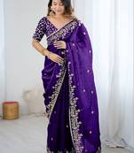 Purple jimmy choo zari butti work embellished wedding wear saree