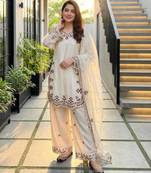 Off-white silk blend embroidered palazzo set