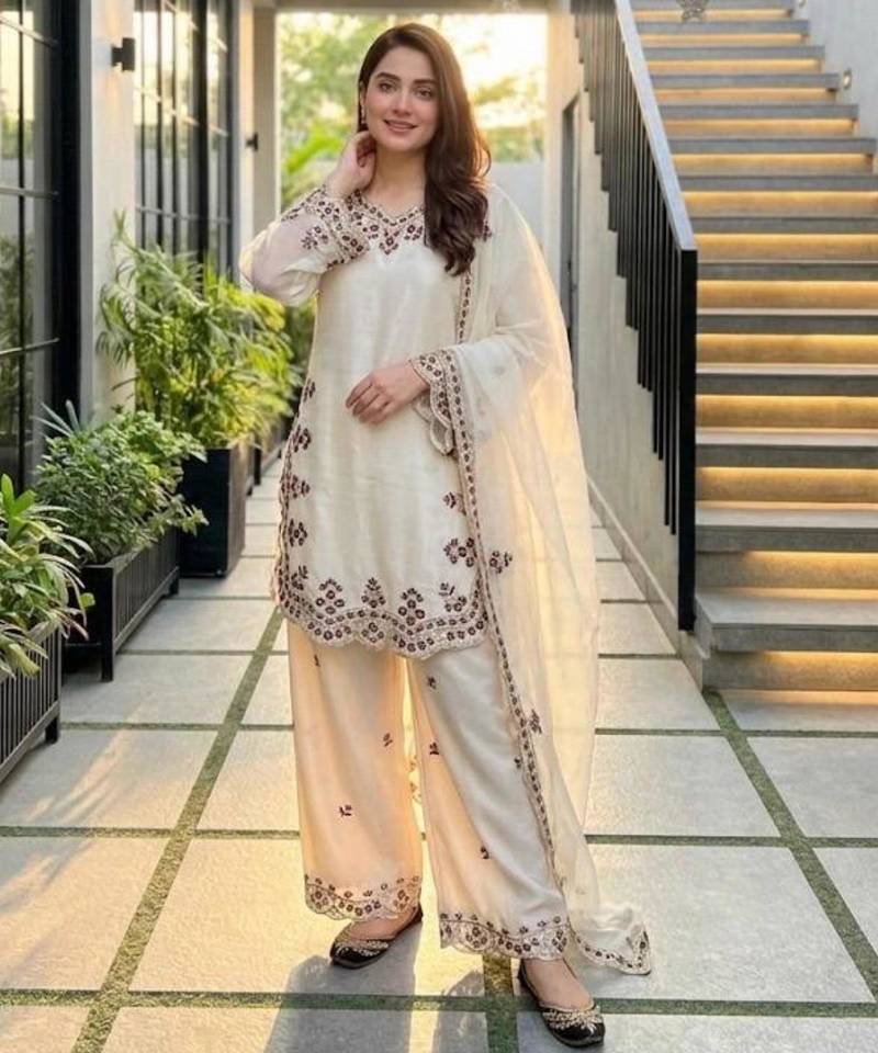 Off-white silk blend embroidered palazzo set