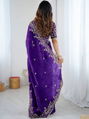 Purple jimmy choo zari butti work embellished wedding wear saree 2