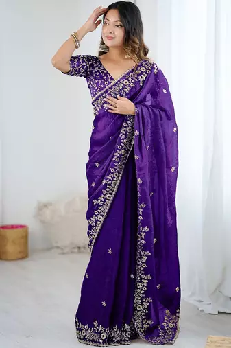 Purple jimmy choo zari butti work embellished wedding wear saree