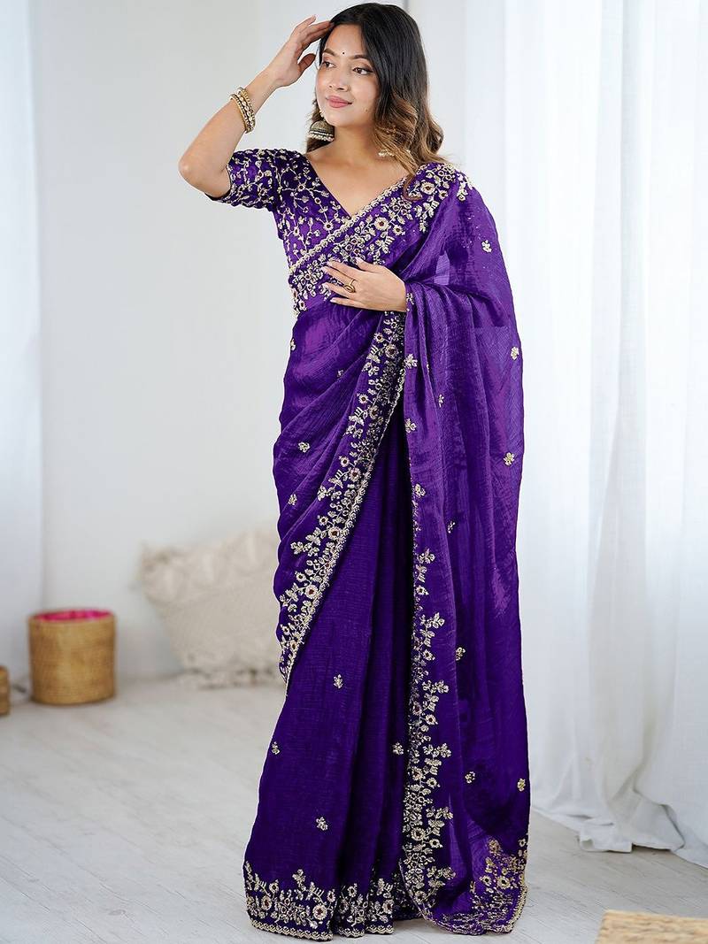 Purple jimmy choo zari butti work embellished wedding wear saree
