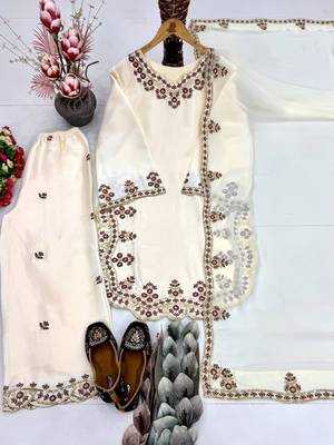 Off-white silk blend embroidered palazzo set 3