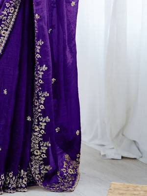Purple jimmy choo zari butti work embellished wedding wear saree 5
