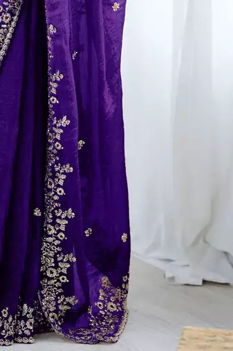 Purple jimmy choo zari butti work embellished wedding wear saree