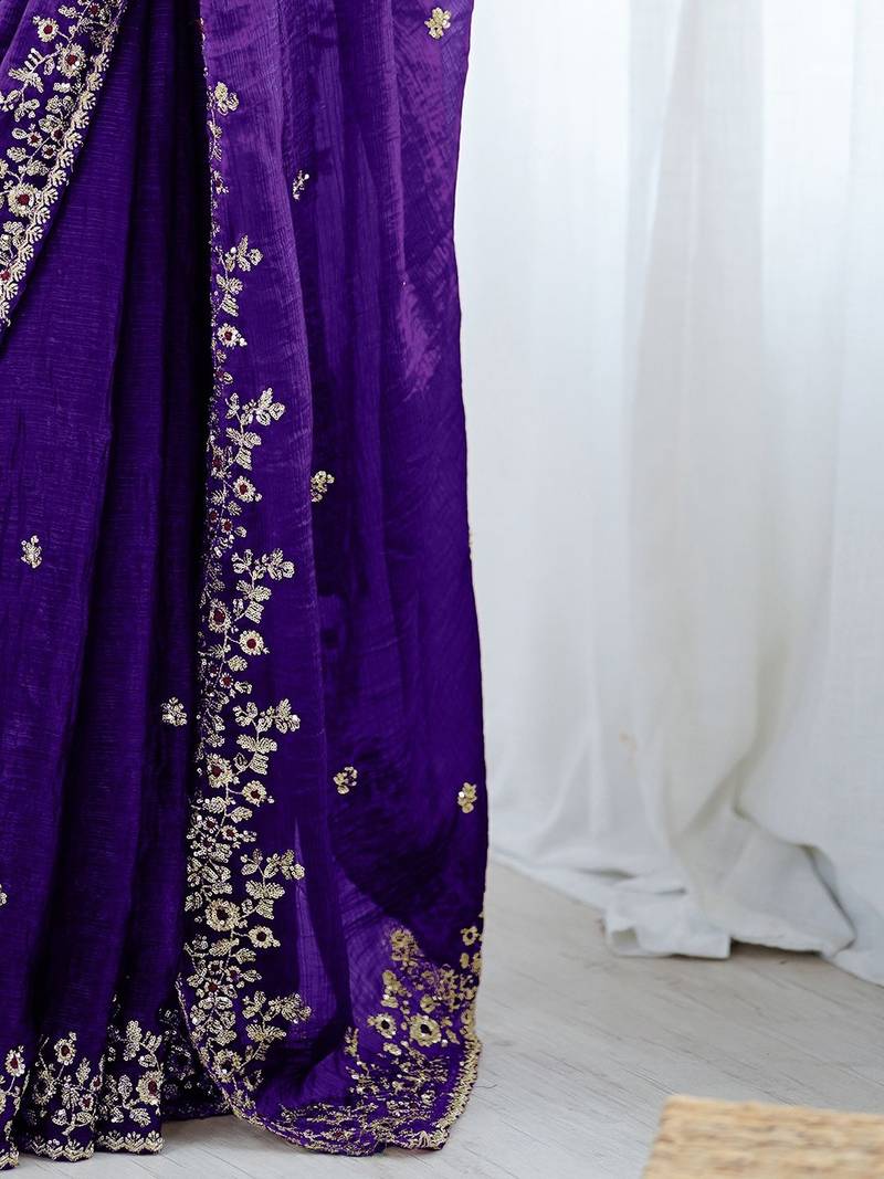 Purple jimmy choo zari butti work embellished wedding wear saree
