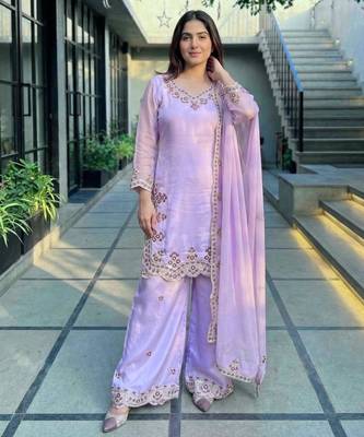 Lavender silk blend embroidered palazzo set 1