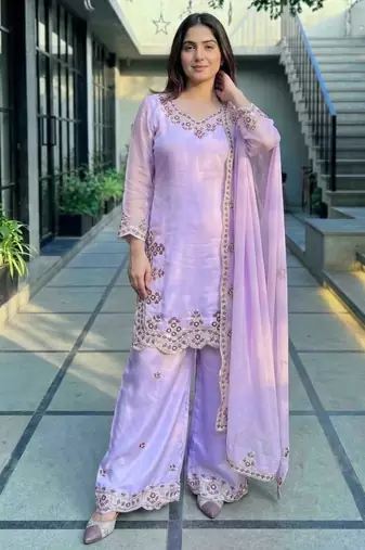 Lavender silk blend embroidered palazzo set
